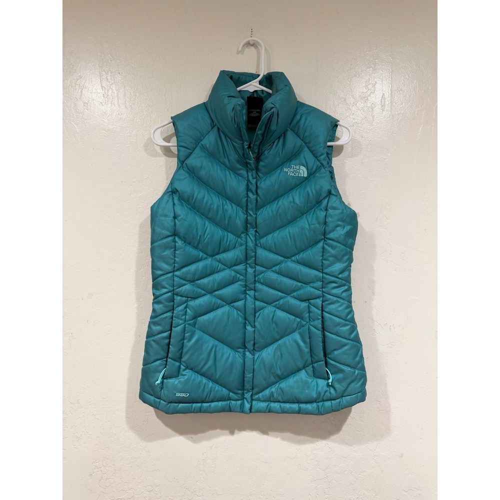 The North Face 550 Down Puffer Vest Womens Small Teal Blue Chevron Quilted Zip